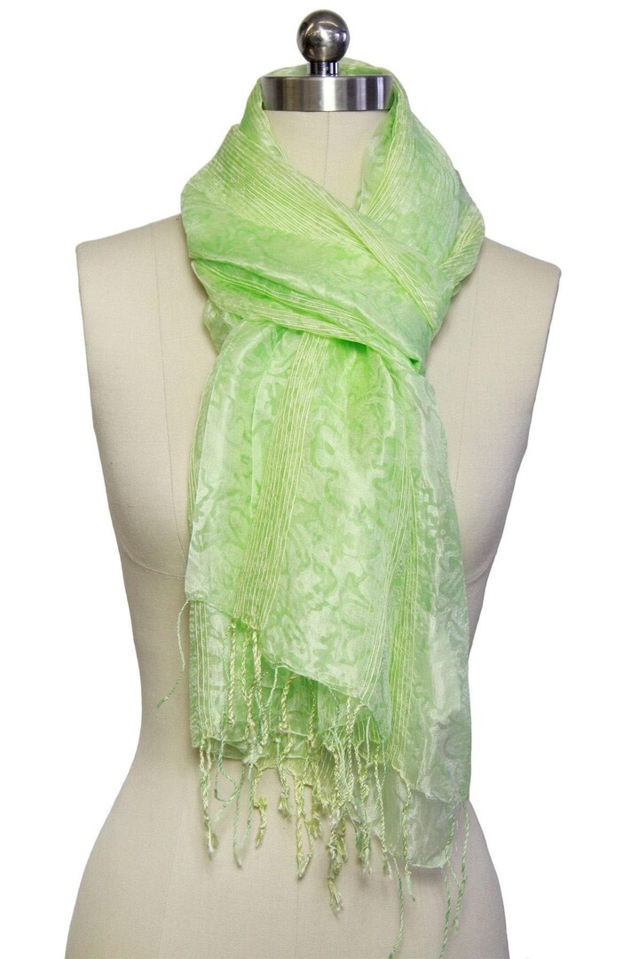 Lime Green Sheer Silk Organza Scarf with Fringe, Hand Beaded Shawl Stole Wrap, Silk Chiffon Scarf, Organza Wrap Formal Shawl 118788 MakerPlace by